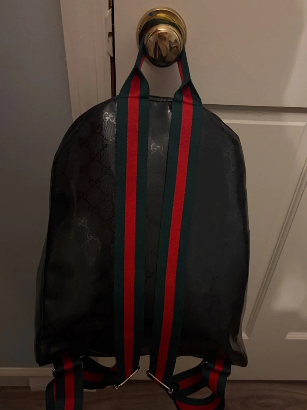 Gucci Black Leather Backpack with Green & Red Stripe
